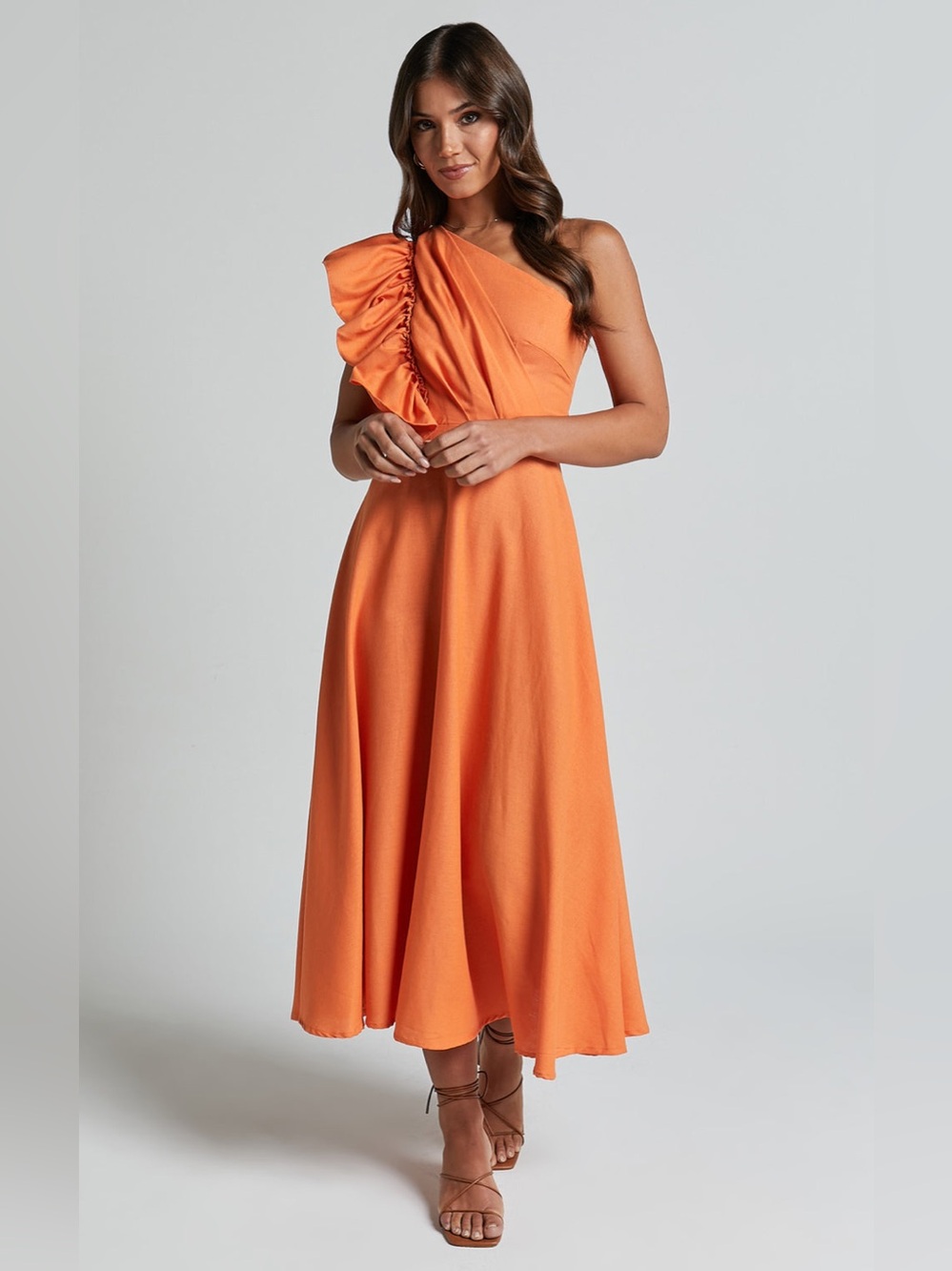 Showpo Dixie Midi Dress Linen Blend One Shoulder Orange Size 6
